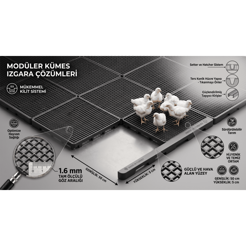 Kümes Yer Izgarası Siyah 50x50 cm – 1,6 mm Göz Aralıklı Plastik Kümes Izgarası